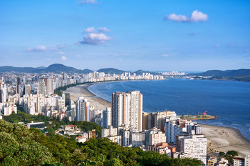 Aerial view of Santos city, county seat of Baixada Santista, on the coast of Sao Paulo state,...