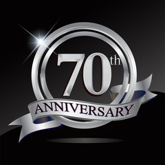 70th anniversary logo with silver ring and ribbon. Vector design template elements for your birthday celebration.