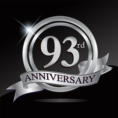 93rd anniversary logo with silver ring and ribbon. Vector design template elements for your birthday celebration.