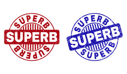 Grunge SUPERB round stamp seals isolated on a white background. Round seals with grunge texture in red and blue colors. Vector rubber overlay of SUPERB tag inside circle form with stripes.