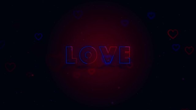 Love is in the air. Little hearts are on dark background with sparks. Conceptual backgroud. Close up. Lettering is drifting away. Action. Animation. 3D. 4K.