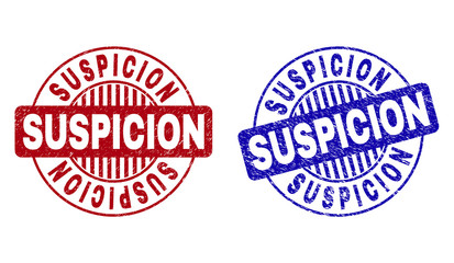 Grunge SUSPICION round stamp seals isolated on a white background. Round seals with grunge texture in red and blue colors. Vector rubber overlay of SUSPICION text inside circle form with stripes.