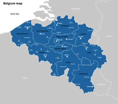 Belgium Political Map with capital Brussels, national borders, most important cities and rivers. English labeling and scaling. Illustration.