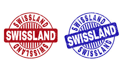 Grunge SWISSLAND round stamp seals isolated on a white background. Round seals with distress texture in red and blue colors. Vector rubber imprint of SWISSLAND title inside circle form with stripes.