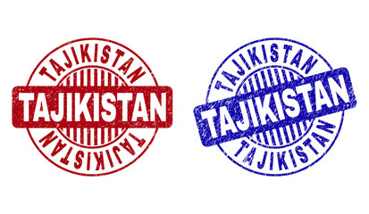 Grunge TAJIKISTAN round stamp seals isolated on a white background. Round seals with grunge texture in red and blue colors. Vector rubber imprint of TAJIKISTAN text inside circle form with stripes.