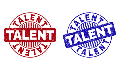 Grunge TALENT round stamp seals isolated on a white background. Round seals with grunge texture in red and blue colors. Vector rubber imprint of TALENT title inside circle form with stripes.