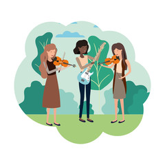 women with musical instruments in landscape