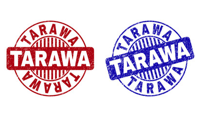 Grunge TARAWA round stamp seals isolated on a white background. Round seals with grunge texture in red and blue colors. Vector rubber overlay of TARAWA title inside circle form with stripes.