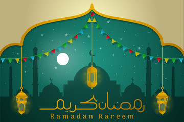 Ramadan Kareem Night Green Background Islamic with Arabic Calligrphy, Pattern Islamic, Ribbon, Mocque, Triangle Flag, Stars and Moon Light, Lantern Muslims and Silhouette Mosque - Vector
