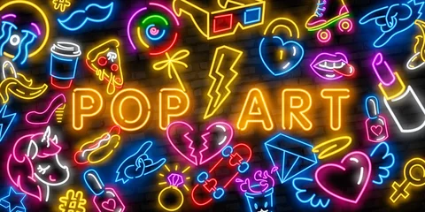 Fotobehang Pop art icons set. Pop art neon sign. Bright signboard, light banner. Neon isolated icon, emblem. Heart, diamond, pizza, smile, hand, ice cream, star, donut and unicorn vector neon icon © executioner4