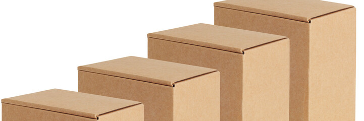 Cardboard boxes are the same located in a row diagonally. Isolated on a white background.