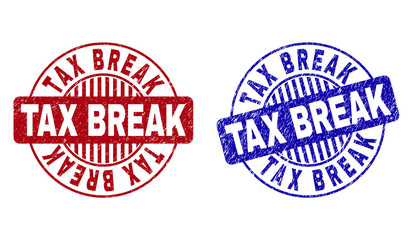 Grunge TAX BREAK round stamp seals isolated on a white background. Round seals with grunge texture in red and blue colors. Vector rubber imprint of TAX BREAK caption inside circle form with stripes.