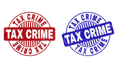Grunge TAX CRIME round stamp seals isolated on a white background. Round seals with grunge texture in red and blue colors. Vector rubber imprint of TAX CRIME text inside circle form with stripes.