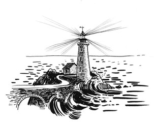 Lighthouse and the sea. Ink black and white drawing