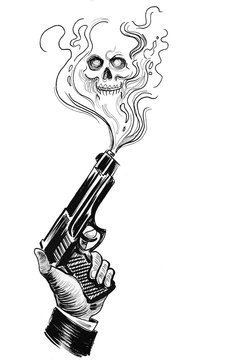 Hand with a smoking gun. Ink black and white drawing