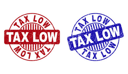 Grunge TAX LOW round stamp seals isolated on a white background. Round seals with grunge texture in red and blue colors. Vector rubber overlay of TAX LOW label inside circle form with stripes.
