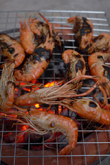 Shrimp burnt on charcoal stove Thailand seafood..