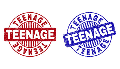 Grunge TEENAGE round stamp seals isolated on a white background. Round seals with grunge texture in red and blue colors. Vector rubber imprint of TEENAGE text inside circle form with stripes.