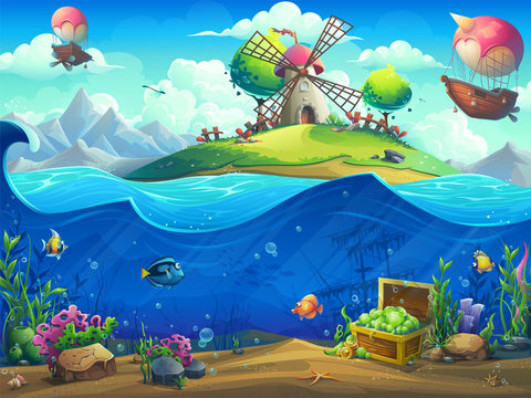 Undersea world with airship on the island