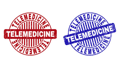 Grunge TELEMEDICINE round stamp seals isolated on a white background. Round seals with grunge texture in red and blue colors.