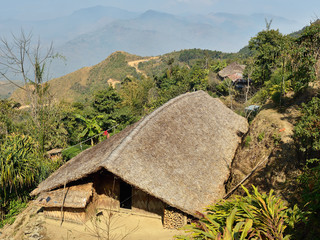 View on the long hut in the Longwa village with the scenic view on the India and Myanmar border, Nagaland, India, Asia