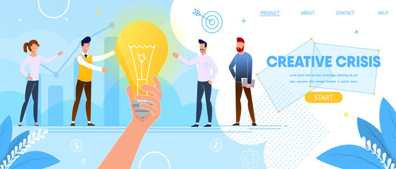 Creative Crisis. People Stand at Huge Light Bulb.