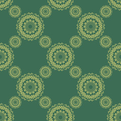 Seamless henna pattern mandala mehndi floral lace elements of buta decoration items on green background. Vector wedding decorative elements isolated. eps10