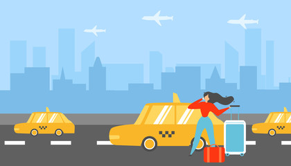 Traveling Woman Calling Taxi Flat Vector Concept