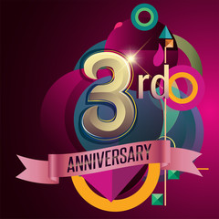 3rd Anniversary, Party poster, banner and invitation - background geometric glowing element. Vector Illustration