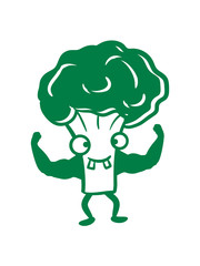 bodybuilder brokkoli stark muskeln gesund vitamine gemüse essen ernähren lecker hunger kochen blumenkohl comic cartoon lustig fitness training trainieren clipart design