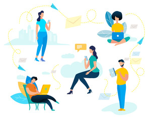 Young Men and Women Use Smartphone and Laptop Set