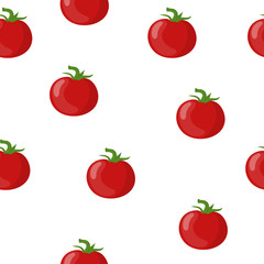 Seamless Pattern with Fresh Red Tomato Vegetable isolated on white background. Organic Food. Cartoon Flat Style. Vector illustration for Your Design, Web, Wrapping Paper, Fabric, Wallpaper.