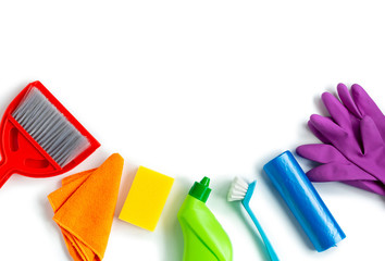 Multicolored kit for bright spring cleaning in the house. Spring concept. Top view. Copy space.