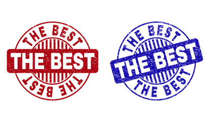 Grunge THE BEST round stamp seals isolated on a white background. Round seals with grunge texture in red and blue colors. Vector rubber overlay of THE BEST tag inside circle form with stripes.