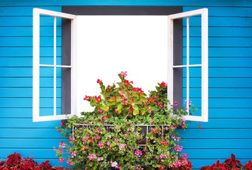 Open window with colorful flowers and bright blue planks isolated on white wall background