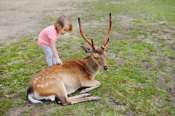 Child feeding wild deer at petting zoo. Kids feed animals at outdoor safari park. Kid and pet animal.