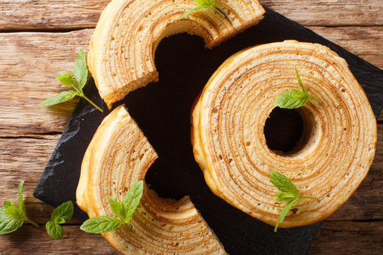 German for tree cake, Baumkuchen is sometimes also known as pyramid cake, or spit cake close-up. Horizontal top view