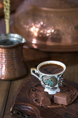 Turkish coffee on wooden table