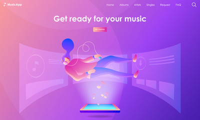 Music isometric illustration with landing page concept