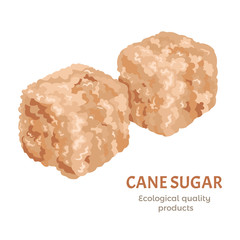 Brown cane sugar cubes isolated on white background. Vector illustration of healthy organic sweets  in cartoon simple flat style.