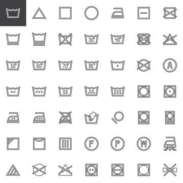 Laundry instructions line icons set. linear style symbols collection, outline signs pack. vector graphics. Set includes icons as dry wash machine sign, do not iron, water temperature, delicate cloth