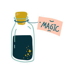 Potion Bottle, Glass Transparent Flask with Black Magic Liquid, Witchcraft Attribute Vector Illustration
