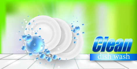 Realistic Dish on beautiful colored background and soap bubbles, dish wash illustration , template for design.