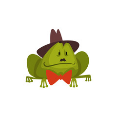 Frog Wearing Black Hat and Bow Tie, Cute Humanized Amfibian Animal Cartoon Character Vector Illustration