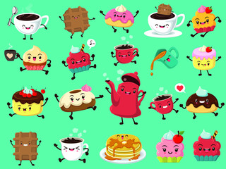 Vintage food poster design set with vector coffee, cake, cupcake, pancake, tea pot, cookies character.