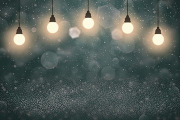 Fototapeta na wymiar light blue wonderful bright glitter lights defocused bokeh abstract background with light bulbs and falling snow flakes fly, holiday mockup texture with blank space for your content