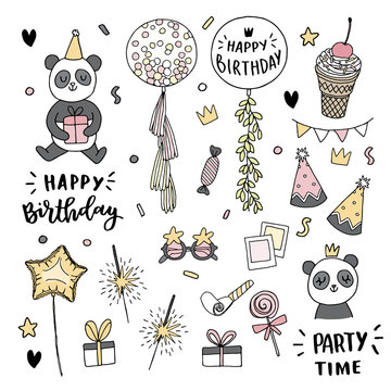Happy birthday isolated vector set on white background including panda, gift, ice cream, foil star balloon and sparkles 