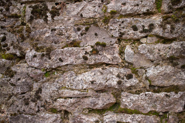 wall of old stone blocks covered with moss