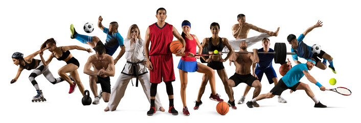 Sports collage taekwondo, tennis, soccer, basketball, etc