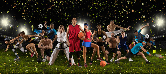 Sports collage taekwondo, tennis, soccer, basketball, etc